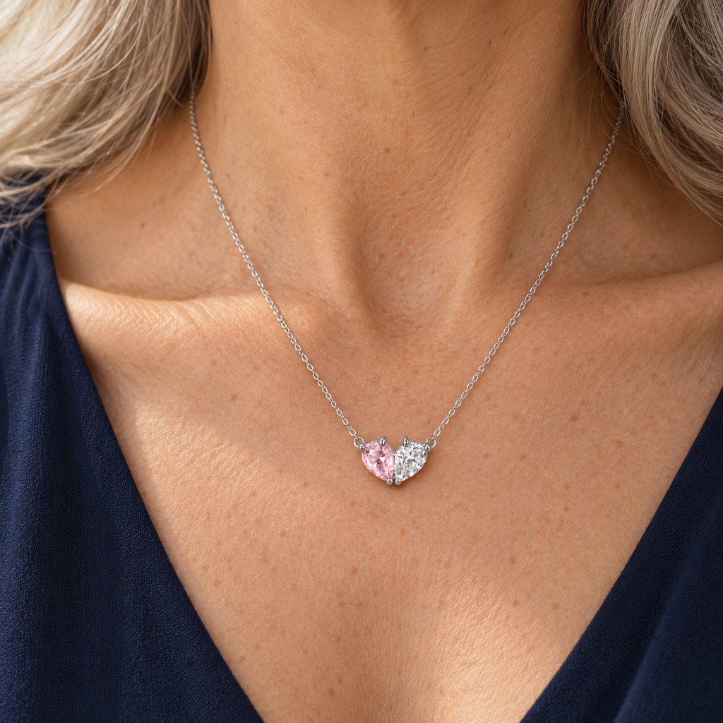 Elara ketting met hart en twee geboortestenen – zilver, hanger, tweekleurig hart